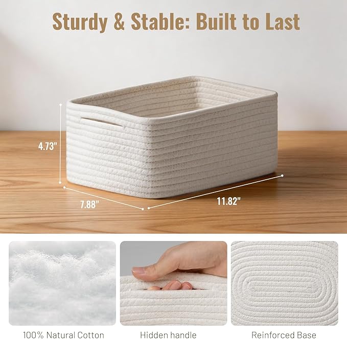 5 Pack White Small Woven Storage Baskets for Shelves, Cotton Rope Baskets Organizer for Bathroom, Closet & Nursery, Decorative Storage Bins for Organizing Socks, Toys, 11.8"x7.9"x4.7"