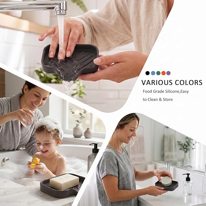 MicoYang Silicone Soap Dish with Drain Spout — Self-Draining Sink Organizer Tray for Bathroom & Kitchen, Holds Bar Soap, Sponges & Dispensers, Non-Slip & Dishwasher Safe, Coffee (Small, 4.9"×3.2")