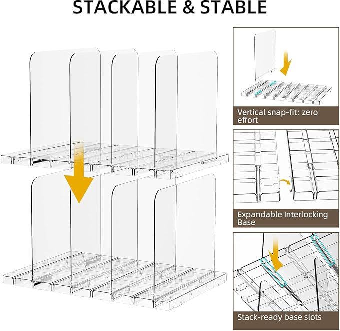 Stackable Bag & Purse Organizer for Closet Acrylic Shelf Dividers for Closet Organization, Clear Handbag Purse Storage Organizer Divider, Keep Clutch, Wallet, Pocketbook Upright, 6 Pack