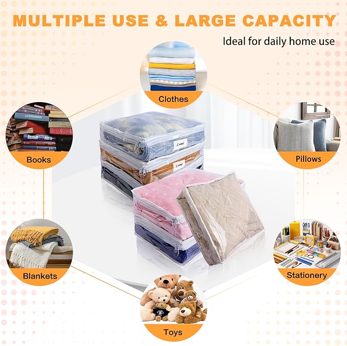 Clear Zippered Storage Bags Plastic Sweater Storage Bags with Zipper 6 Packs Clothing Organizer for Blankets Linen Sweater Bed Sheet Quilt Clothes Pillow (10.5 x 10.5 x 2.5 Inch, White)