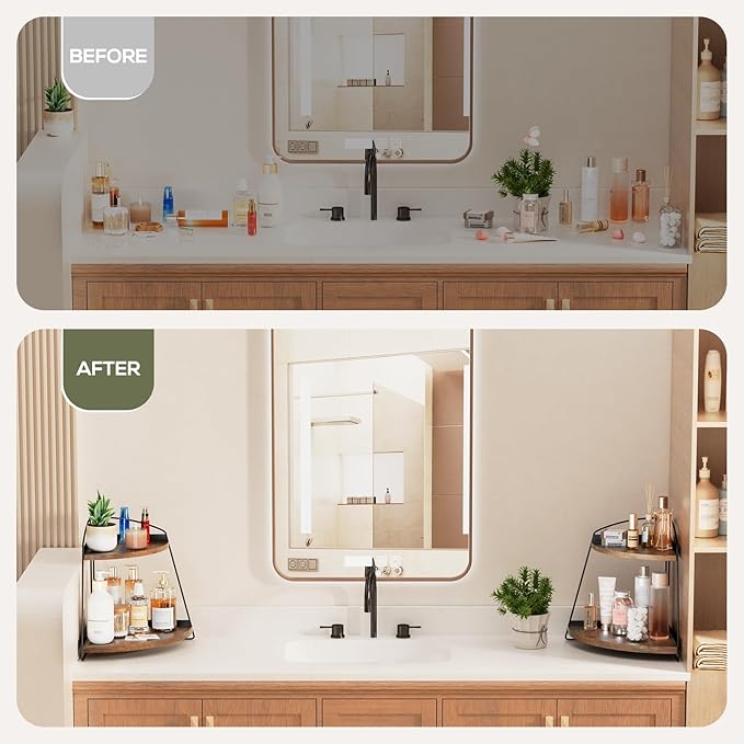 Puricon 2 Tier Corner Countertop Storage Shelf Organizer, Triangle Bathroom Sink Organizer - Wood, Brown