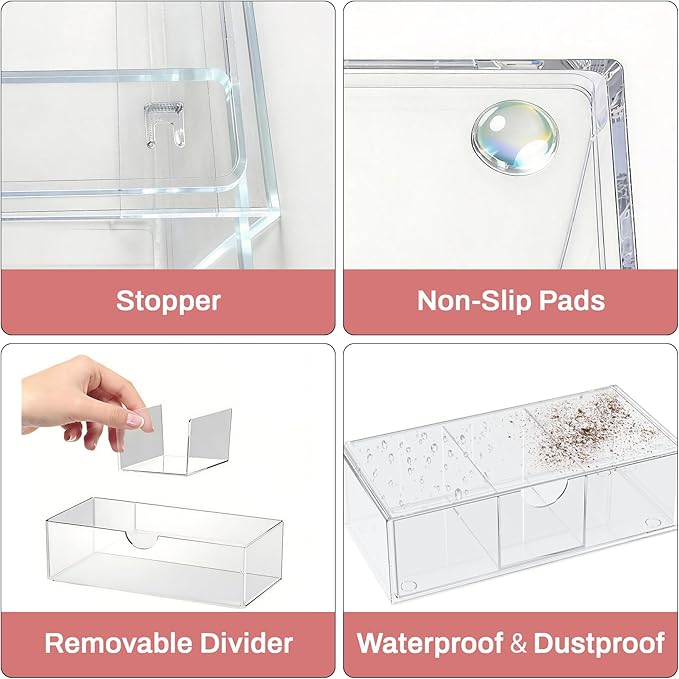 Hair Accessories Organizer for Girls, Clear Hair Bow Tie Clip Scrunchie Holder Organizer with Removable Divider, Cute Small Stackable Storage Drawer Container Caddy Box, Women Vanity Accessories, 2Pcs