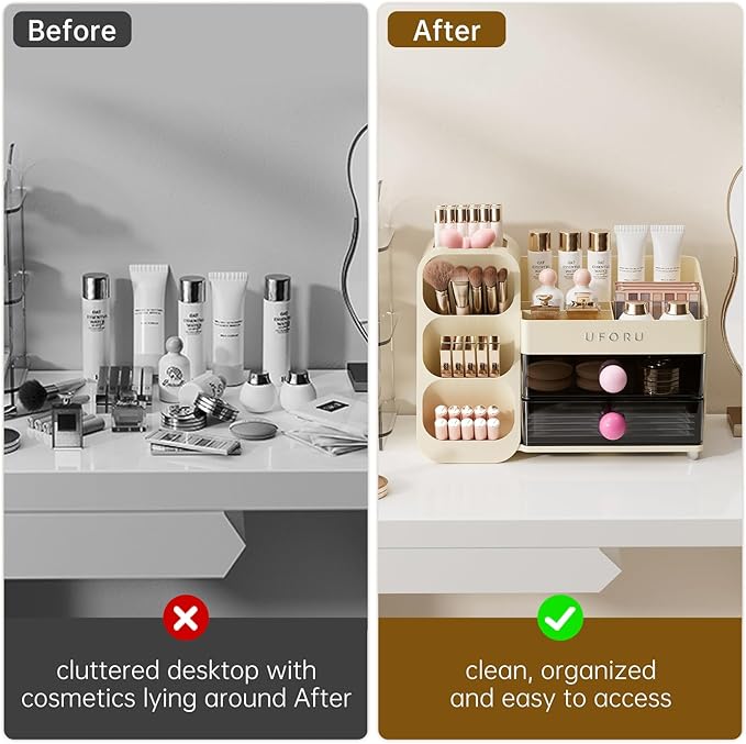 UFORU Makeup Organizer for Vanity with Brush Holder, Large Capacity Bathroom Countertop Skincare Organizer with 2 Drawers, Cosmetic Display Case for Perfumes, Eyeshadow Palettes, Nail Polishes