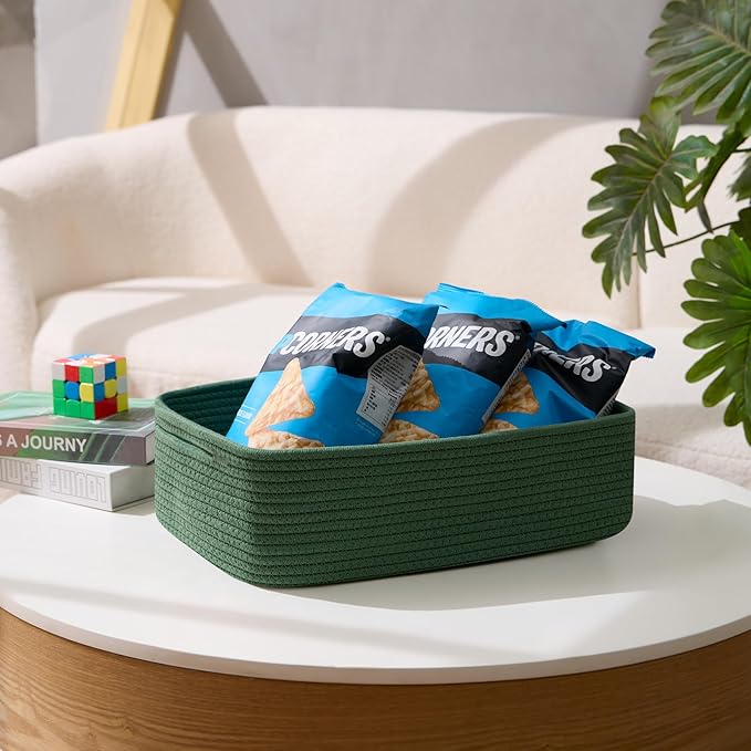 MiniArk Large Shallow Organizing Baskets 15x11x5.1 Inches - Rope Woven Storage Bins for Bathroom, Shelves, Cube Closet, Green 2 Packs