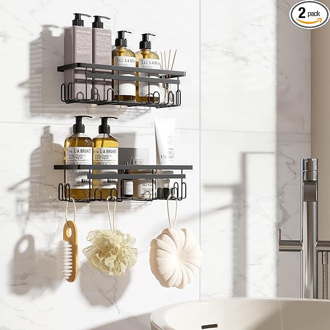 Self Adhesive Shower Caddy, 2-Pack No Drilling Rustproof Bathroom Organizers and Storage with Save Space Hooks, Apartment Essentials for Bathroom, Kitchen & Living Room