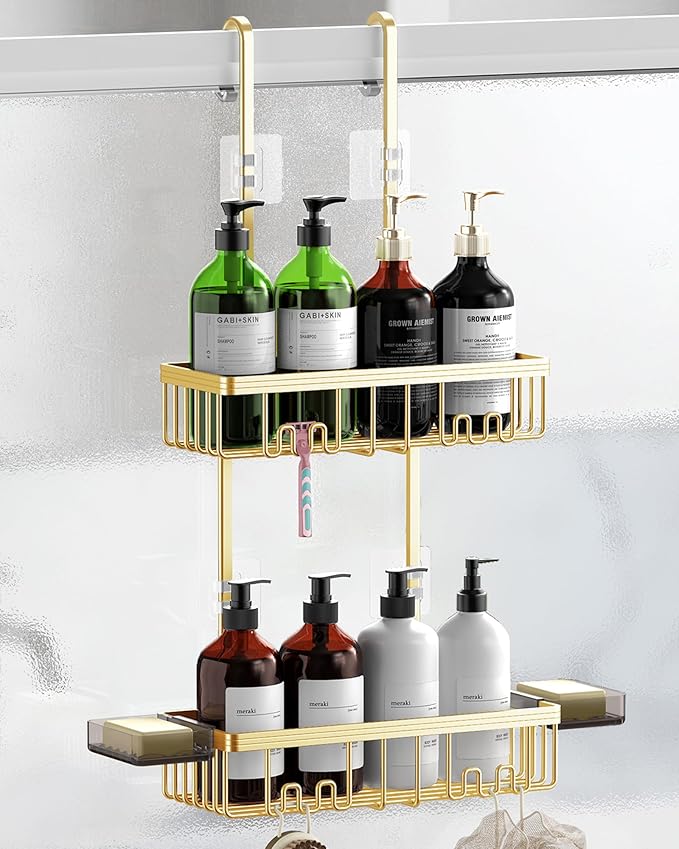 Over the Door Shower Caddy Hanging With Double Soap Holder Never Rust Aluminum Shower Shelf With 4 Hooks Hanging Bathroom Organizer No Drilling Shelves for Bathroom Storage Gold
