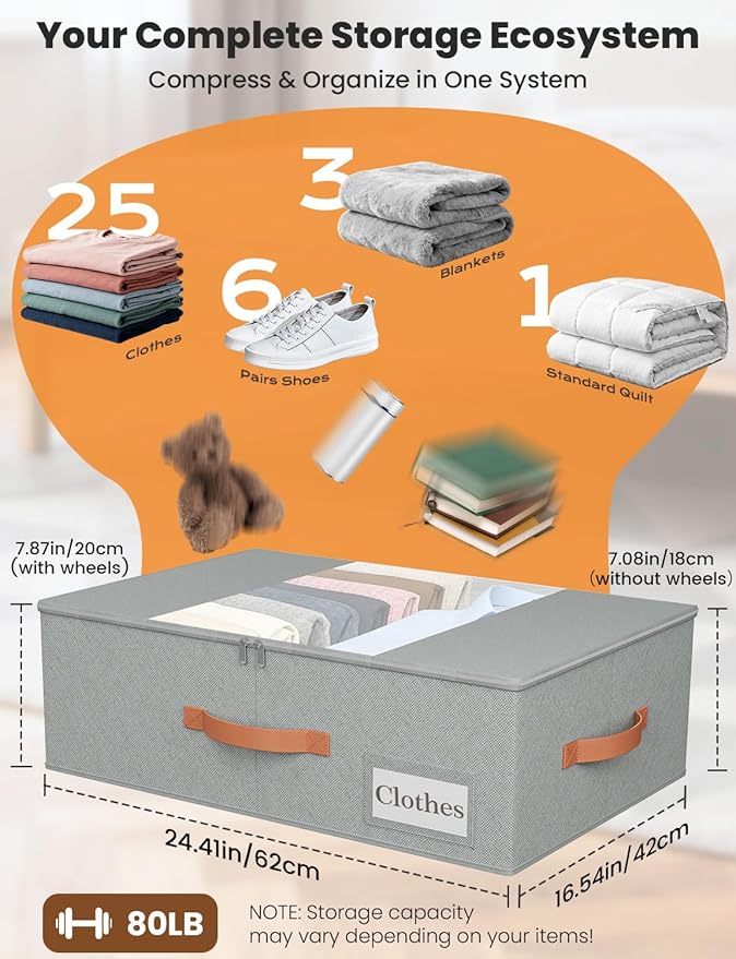 2-Pack Under Bed Storage Bins with Wheels, 4 Vacuum Bags, Gray