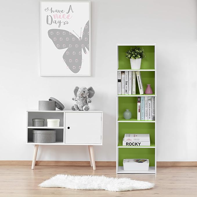 Furinno LUDER Book Shelf, 5-Tier Bookshelf, White/Green