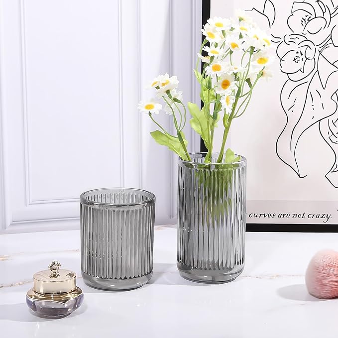DASITON Makeup Brush Holder Organizer, Crystal Glass Makeup Brushes Storage Holder, Vintage Make Up Brush Cup for Vanity, Pen Pencil Holder for Desk, Toothbrush Holders for Bathroom (Grey S)