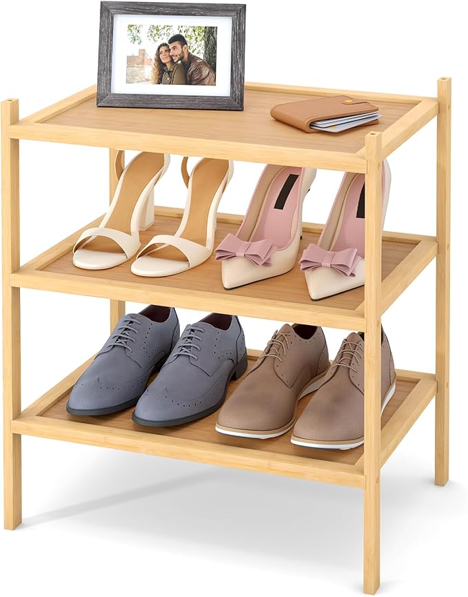 Smiry Bamboo Small Shoe Rack, 3 Tier Shoe Organizer for Entryway & Closet, Stackable Free Standing Storage Shelf for Shoes, Bags & Plants, Natural