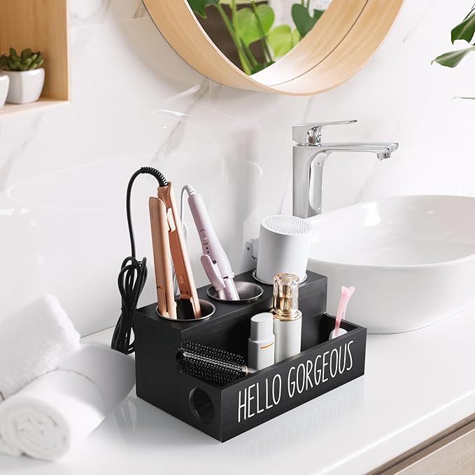 Bivvclaz Hair Tool Organizer, Wooden Hair Dryer Holder Countertop, Wall Mount Hot Tools Organizer for Hair Styling Accessories, Bathroom Supplies Vanity Caddy for Curling Wand, Blow Dryer, Black
