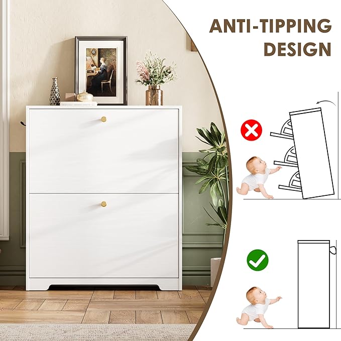Nicetree Shoe Cabinet with 2 Flip Drawers, Narrow Shoe Organizer Cabinet, Freestanding Shoe Rack Cabinet, Morden Shoe Storage Cabinet for Entryway, Hallway, Foryer, White
