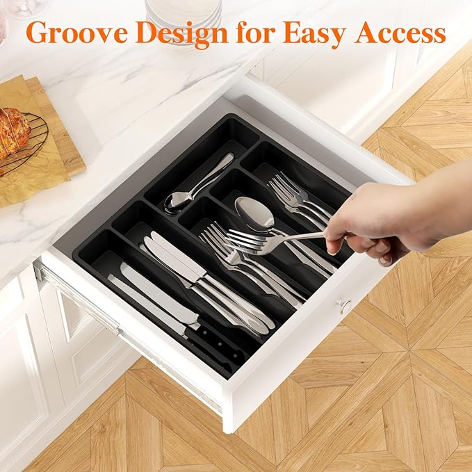 Lifewit Silverware Organizer with Lid, Covered Utensil Tray for Kitchen Drawer and Countertop, Plastic Cutlery and Flatware Storage Box for Spoons Forks Knives Holder Case, 12.6x11.8", Black