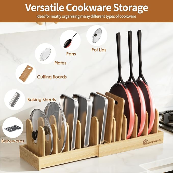 Housolution Bamboo Pot and Pan Organizer for Cabinet, 15"-29" Expandable Pot Lid Organizer with 10 Adjustable Dividers, Wooden Pan Holder Storage Rack, Fully Expanded Size 29.5" W x 8" D x 7.5" H