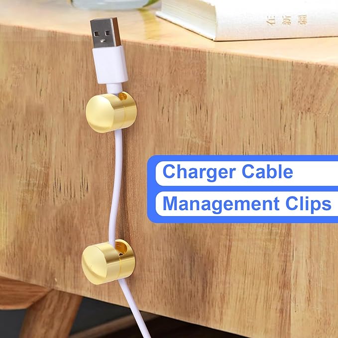 SmallCat 10 Sets Charger Holders for Cords, Gold Color Adjustable Cable Anchor Holders, Adhesive Metal Cord Clips, Cable Management Wire Organizers for Desk, Office, Nightstand
