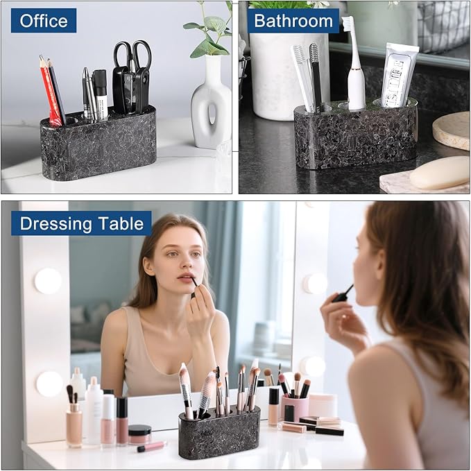 BCS Toothbrush Holder for Bathrooms, 3 Slots Marble Toothbrush Organizer, Makeup Brush Stand Toothbrush Storage Collection for Bathroom Countertop Vanity Organization - Marron Bahia