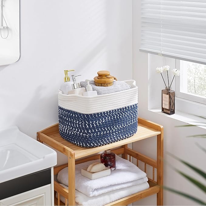 Storage Basket, Woven Baskets for Storage, White Blue