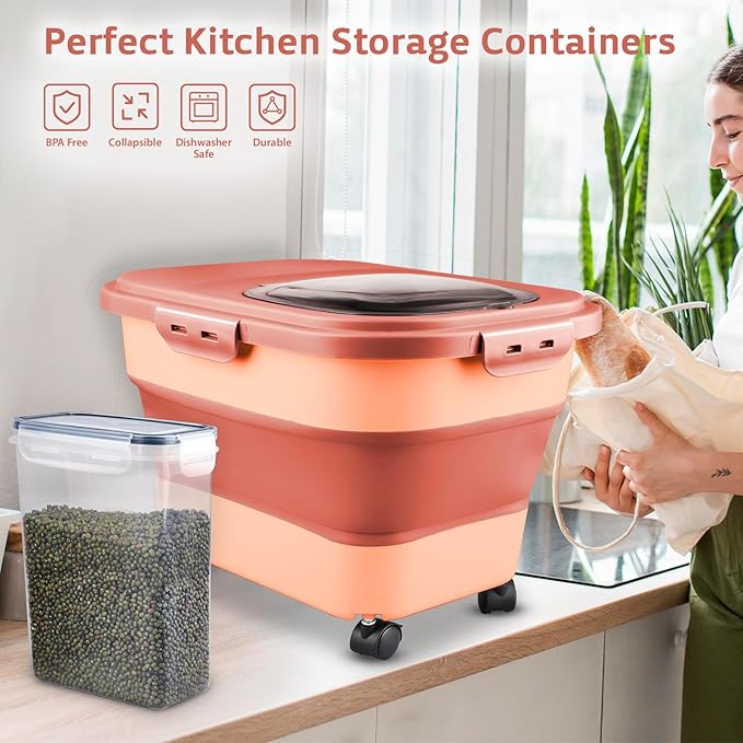 Komzon Rice Storage Containers, Collapsible 20 to 30Lbs Food Storage Bin Dispenser with Rolling Wheel and Clear Airtight Lid, BPA Free Flour, Sugar, Cereal and Dog Cat Pet food Containers