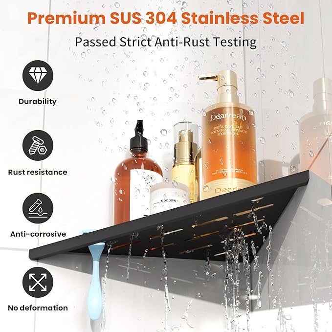 Corner Shower Shelves with Razor Holder, Rustproof Stainless Steel Tile Shower Organizer Discreet Corner Shelf Black Conrer Shower Shelves No Drilling Sleek Shelf for Bathroom Storage, 2 Pack, 10"