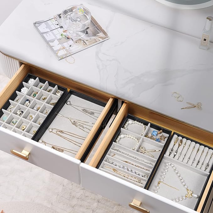 ProCase Stackable Jewelry Organizer Trays for Drawers, Jewelry Drawer Inserts Container Display Case Storage for Earring Necklace Rings Bracelet with Removable Dividers -Black, 4 Layers