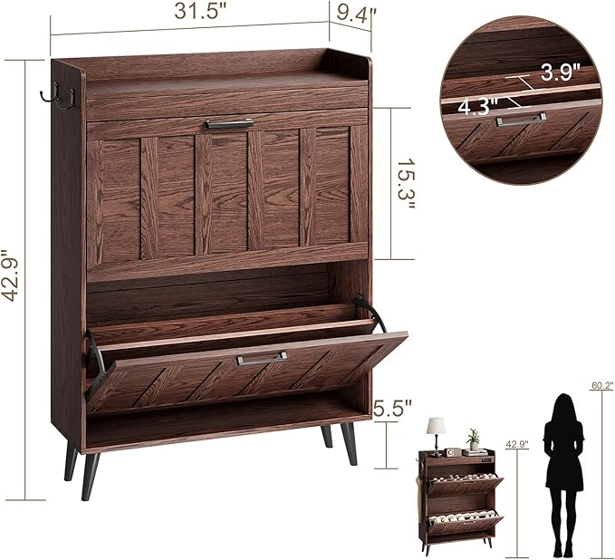 ChooChoo Shoe Storage Cabinet with 2 Flip Drawers, Freestanding Hidden Slim Narrow Shoe Rack Cabinet, Farmhouse Shoe Organizer Storage for Entryway, Walnut