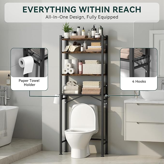 4-Tier Over The Toilet Storage with Paper Holder and 4 Hooks