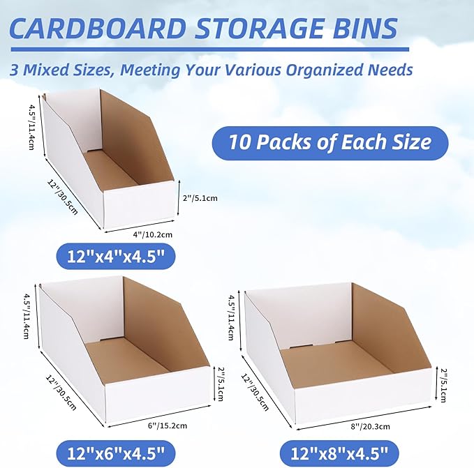 ZBEIVAN Cardboard Storage Bins Boxes 30 Packs, Easy Assembly Pantry Organizer Bins for Shelf, White (12x4x4.5, 12x6x4.5, 12x8x4.5 Inches)