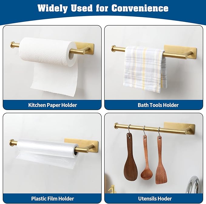 theaoo Paper Towel Holder - Under Cabinet Paper Towel Holder for Kitchen, Adhesive Paper Towel Roll Rack for Bathroom Towel, Wall Mounted Paper Towel Rack, SUS304 Stainless Steel(1, Gold)