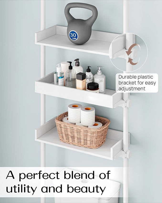 ALLZONE Bathroom Organizer, Over The Toilet Storage, 4-Tier Adjustable Wood Shelves for Small Rooms, Saver Space Rack, Narrow Cabinet, 92 to 116 Inches Tall, White