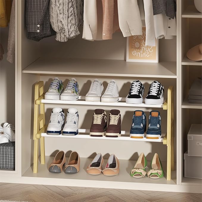 1-Tier Bamboo Shoe Rack Stackable, Shoe Organizer for Entryway and Closet, Modular Small Shoe Storage Shelf, Space-Saving Free Standing, Holds 4-6 Pairs of Shoes, Natural