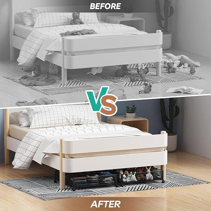PHINOX Under Bed Storage Containers with Wheels - Shoe Storage Organizer Drawer, Tool-free Assembly Metal Underbed Storage for Bedroom Clothes, Shoes, Blankets - 4Pack