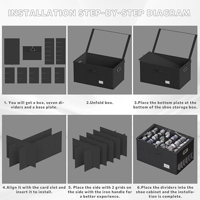 Shoe Organizer for Closet, Shoe Box Storage Containers Fit 18 Pairs Foldable Shoe Storage Bins with Clear Cover & Adjustable Dividers for Shoes Blankets Linen Clothing (Black, (24.4*16.5*12.9)x1)