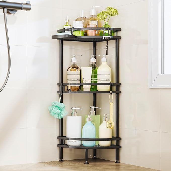 HapiRm Standing Corner Shower Caddy - 3 Tier Shower Organizer Corner with Soap Holder and 4 Hooks, Rustproof Bathroom Storage Shelves with Adhesives, Black
