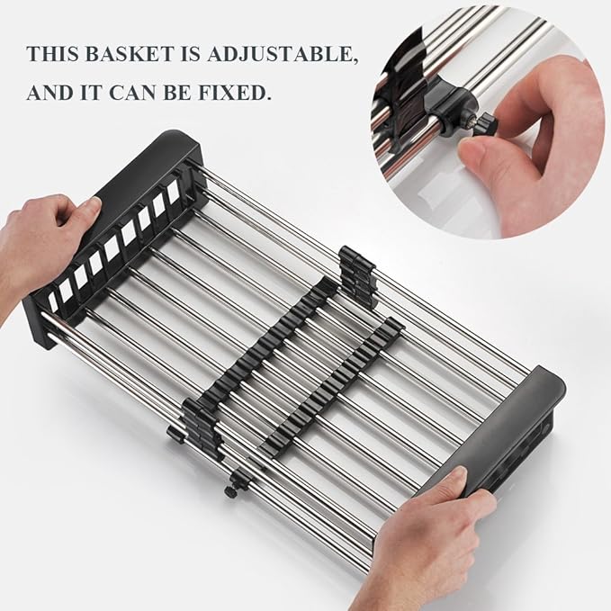 Dish Drying Rack, Over The Sink Dish Drying Rack, Stainless Steel Drainer with Adjustable Arms Holder Functional Kitchen Sink Organizer for Vegetable and Fruit, Black