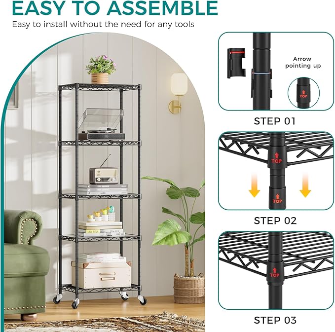 SINGAYE 5 Small Shelf Storage Wire Shelves Closet Bathroom Organizers Metal Pantry Kitchen Garage Shelving Unit Laundry Room Organization Home Narrow Rack Net Basket with Wheels Black