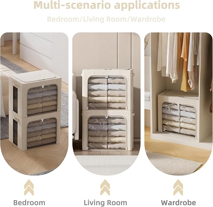 FHSQX 2 Pack Clear Window Storage Bins - Large Stackable Linen Fabric Storage for Clothes Foldable Container Organizer Set with Carrying Handles (Beige, 15.7x 11.8x 9.8Inch)