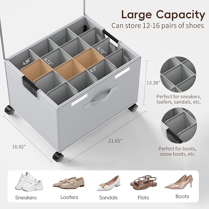 HOUSE AGAIN Shoe Organizer for Closet, 2 Pack Foldable Shoe Storage Organizer Box with Wheels and Adjustable Dividers, Sturdy Metal Frame Fits up to 16-32 Pairs, Large Shoes Storage with Clear Cover