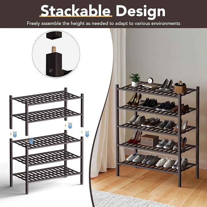 Haddockway Large 3 Tier Bamboo Shoe Rack Storage Organizer, Multifunctional Free Standing Stackable Shoe Shelf with Grid Panel for Closet,Hallway,Entryway,Small Space 27"x12"x21"