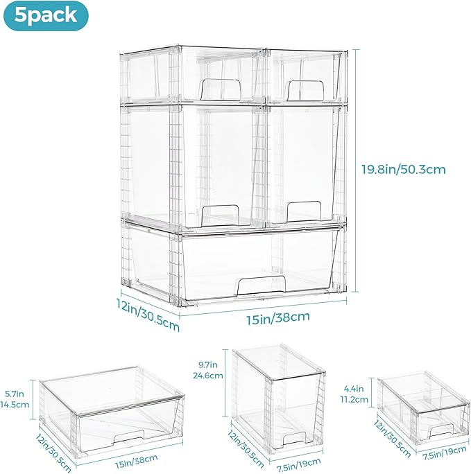 Vtopmart 6 Pack Clear Stackable Storage Drawers,Easy to Assemble Baby Bottle with handles,Plastic Drawers for Kitchen Pantry,Cabinet,Under Sink Organization