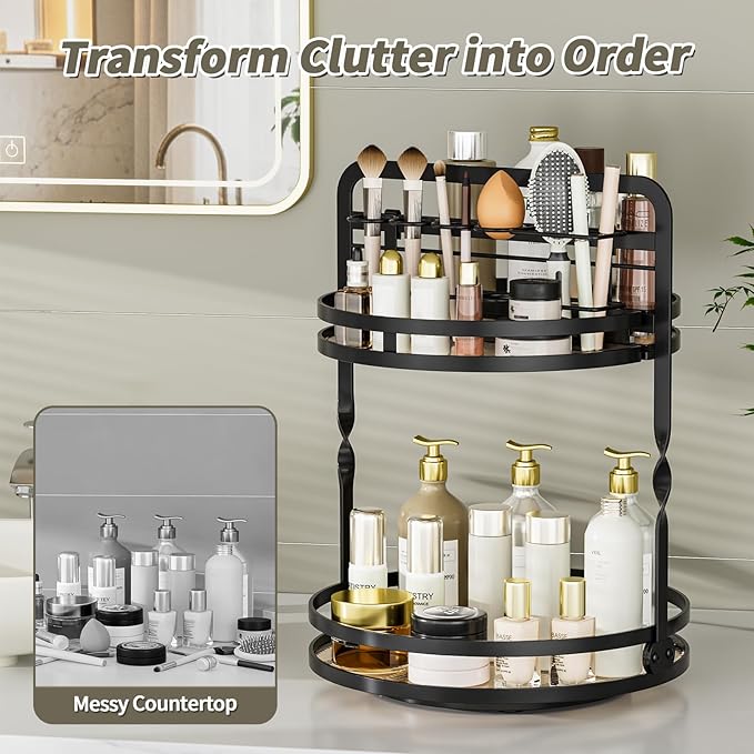 360° Rotating Makeup Organizer, 2-Tier Black Perfume Organizer for Dresser