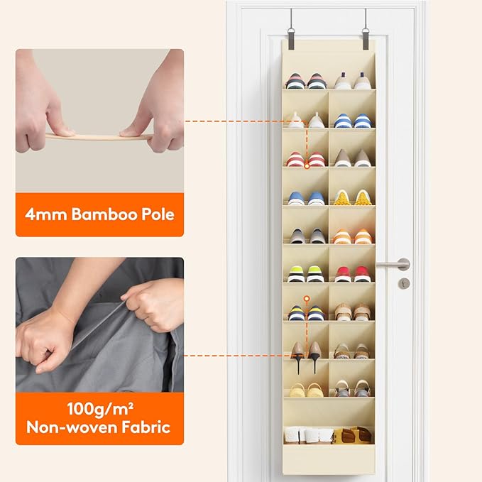 10 Tier Over the Door Shoe Organizer with 19 Large Deep Pockets, Beige