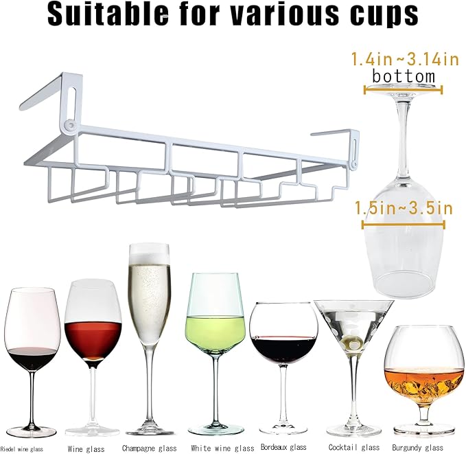 Adjustable Under Cabinet Stemware Holder - Metal Wine Glass Hanger Organizer for Kitchen, Bar, Shelf - Rustproof Hanging Storage Rack for 6-8 Glasses - Space Saving Decor (White, 4 Rows)