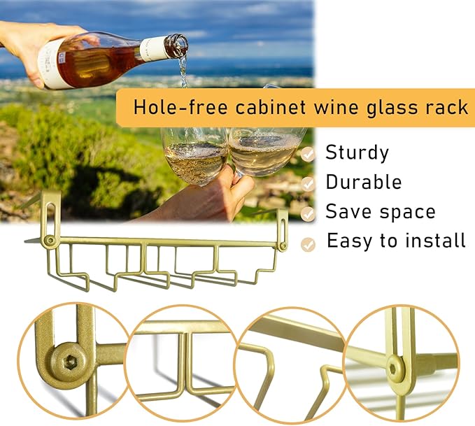 Adjustable Under Cabinet Stemware Holder - Metal Wine Glass Hanger Organizer for Kitchen, Bar, Shelf - Rustproof Hanging Storage Rack for 6-8 Glasses - Space Saving Decor (Gold, 3 Rows)