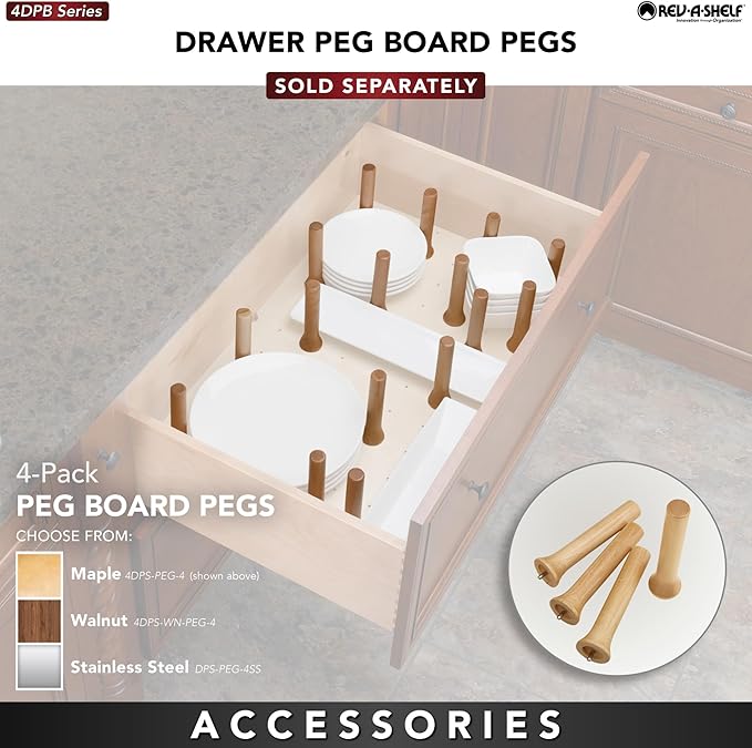 Rev-A-Shelf Trimmable Pegboard Drawer Divider Organizer, Trim to Custom Fit Wooden Kitchen Cabinet Storage Utensil, Pots & Dish Rack, 24" x 21", 4DPS-2421