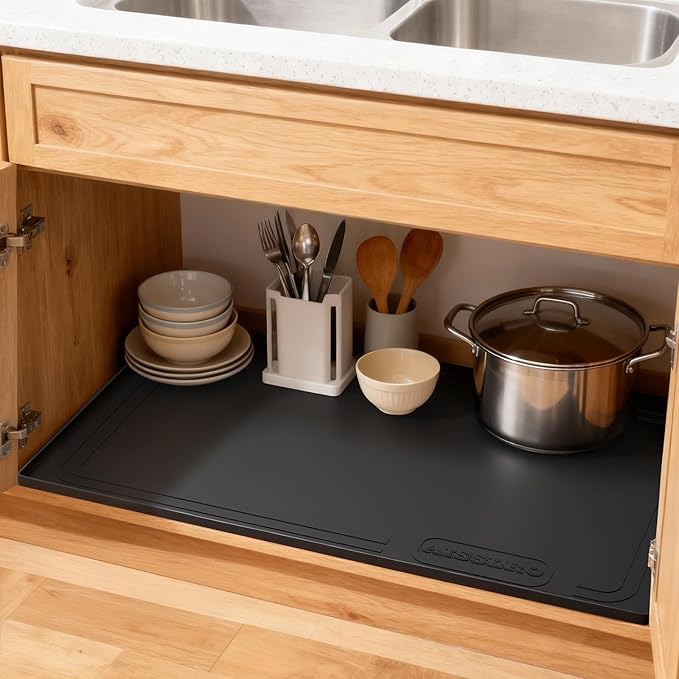 Aisslro Under Sink Mat 25" X 19", Waterproof Silicone Under Sink Mats for Kitchen, Anti-Leak Shelf Liner & Cabinet Protector with Raised Edge, [BPA Free] Bathroom Tray Home Organizer, Black