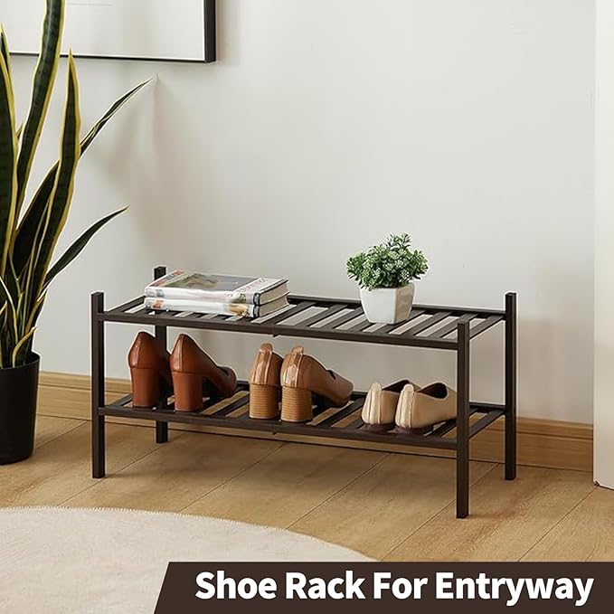 2-Tier Bamboo Shoe Rack for Entryway, Stackable | Heavy Duty | Multi-Function, Free Standing Shoe Racks for Bedroom Hallway Closet