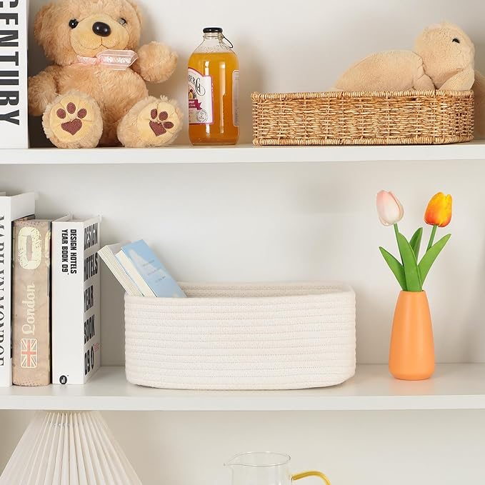 MiniArk Small Storage Baskets for Organizing | Closet Organizer Bins | Shelf Toy Basket | Woven Rope Baskets | Cube Decorative Box | Shallow Basket | 11.5x7.5x4.7” | 3 Packs Off White