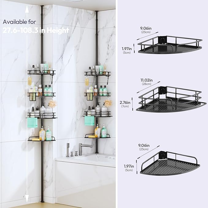 Shower Caddy Tension Pole, 4-Tier Corner Shower Organizer Tension Rod