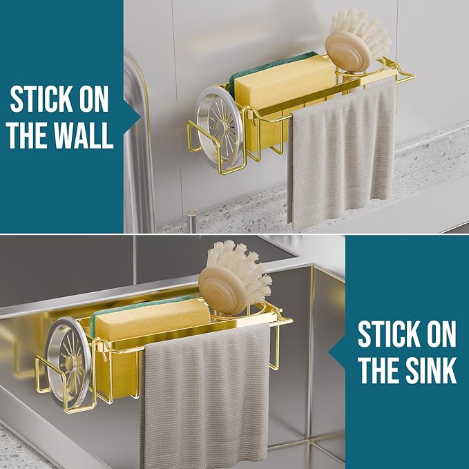Sponge Holder with Strong Suction Cup, Stoppers & Scrapers -Gold