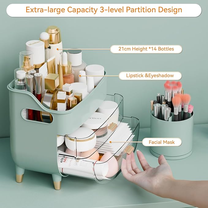 Yieach Green Make up Organizer for Countertop,Vanity,Large Capacity Bathroom Makeup Skincare Organizers With Brush Holder,Makeup Storage Organizer for Lotion,Beauty Products,Skin Care,Makeup Display